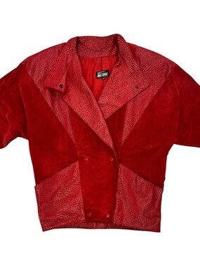 Vintage 1980s Comint Red Leather Coat Women’s M New Wave Dolman Double Breasted
